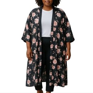 Torrid Black and Pink Floral Chiffon Open Front Cardigan Size 0/00